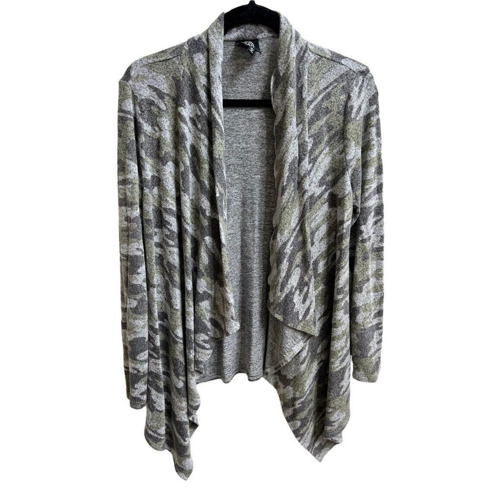 BOBEAU Camouflage Camo Open Draped Soft Slub Knit Cardigan Green Gray Sz S
